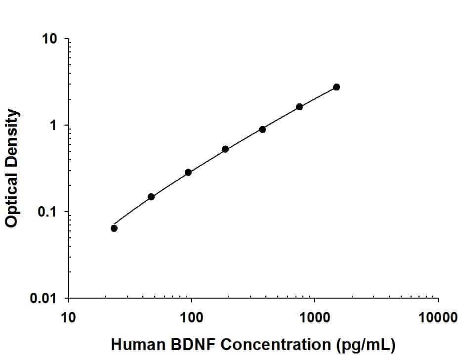     Recombinant  Human BDNF protein was serially diluted 2-fold and captured by Mouse  Anti-Human BDNF Monoclonal Antibody (Catalog # MAB848R) coated on a Clear  Polystyrene Microplate (Catalog # DY990).  Mouse Anti-Human BDNF Monoclonal Antibody (Catalog # MAB648)  was biotinylated and incubated with the protein captured on the plate.  Detection of the standard curve was achieved by incubating Streptavidin-HRP  (Catalog # DY998)  followed by Substrate Solution (Catalog # DY999)  and stopping the enzymatic reaction with Stop Solution (Catalog #  DY994). 