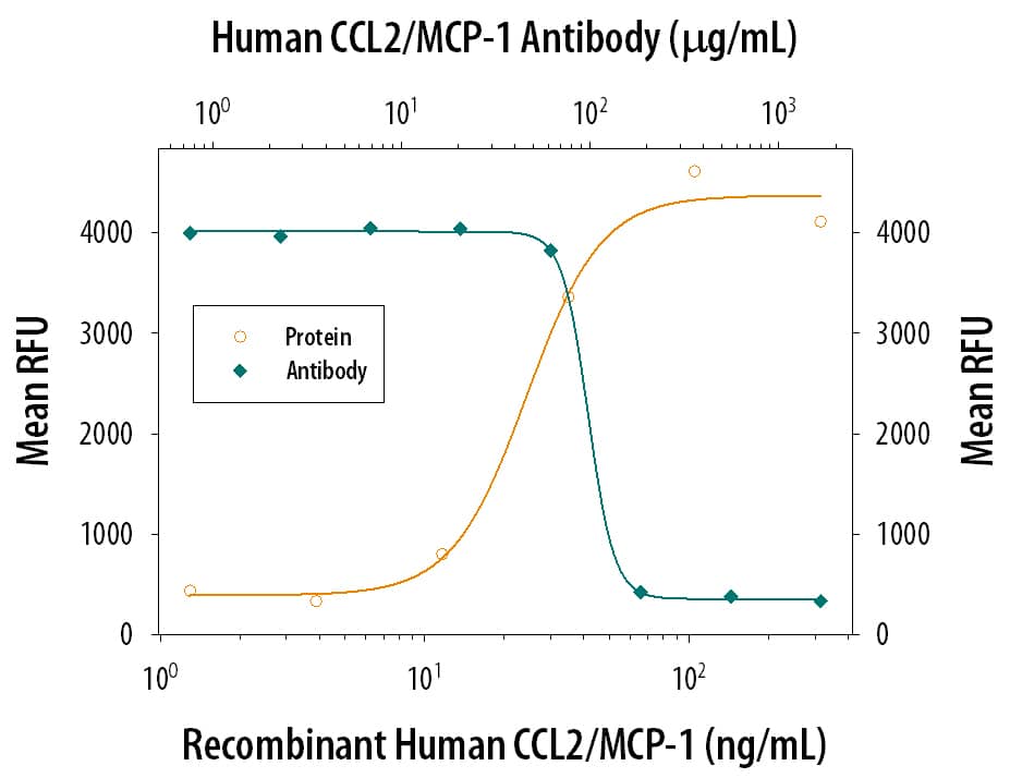 Recombinant Human CCL2/MCP-1 (Catalog # 279-MC) chemoattracts BaF3 mouse pro‑B cell line transfected with human CCR2A in a dose-dependent manner (orange line). The amount of cells that migrated through to the lower chemotaxis chamber was measured by Resazurin (Catalog # AR002). Chemotaxis elicited by Recombinant Human CCL2/MCP‑1 (0.1 µg/mL) is neutralized (green line) by increasing concentrations of Goat Anti-Human CCL2/MCP‑1 Polyclonal Antibody (Catalog # AB-279-NA). The ND50 is typically 50-100 µg/mL. 