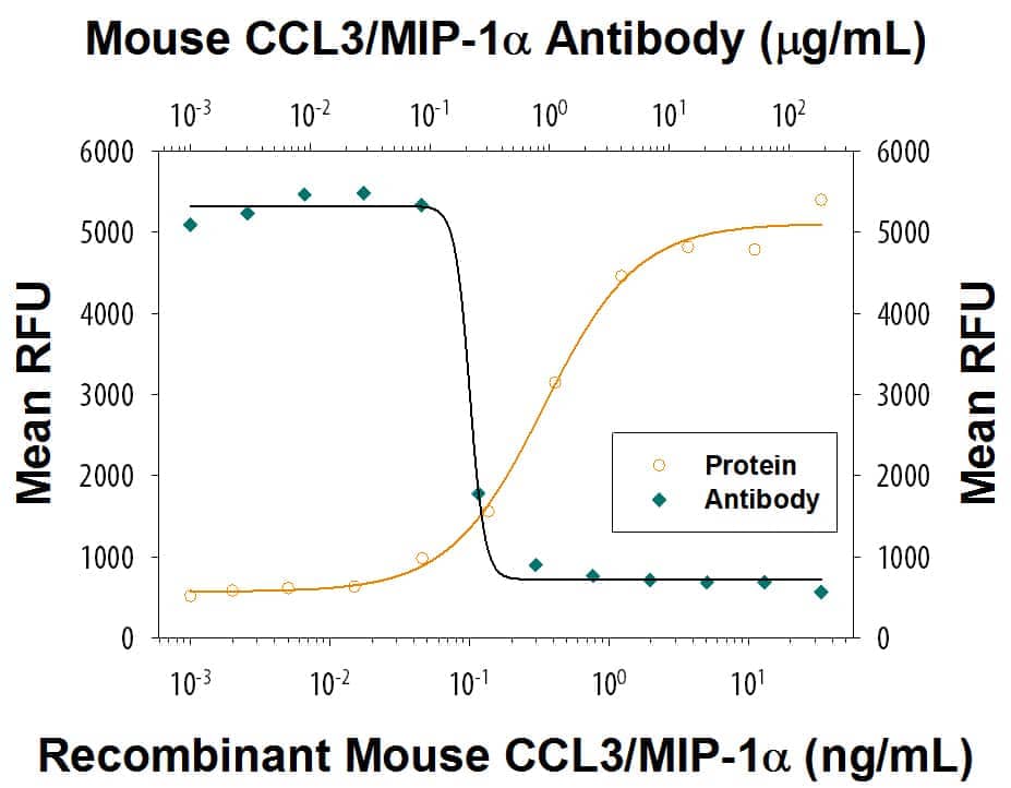      Recombinant  Mouse CCL3/MIP‑1 alpha  (Catalog # 450-MA) chemoattracts the BaF3 mouse pro-B cell line transfected with human CCR5 in a dose-dependent manner (orange line). The amount of cells that migrated through to the lower chemotaxis chamber was measured by Resazurin (Catalog # AR002). Chemotaxis elicited by Recombinant Mouse CCL3/MIP-1 alpha  (10 ng/mL) is neutralized (green line) by increasing concentrations of Rabbit Anti-Mouse CCL3/MIP-1 alpha  Monoclonal Antibody (Catalog # MAB4503). The ND50 is typically 0.02-0.2 µg/mL.
