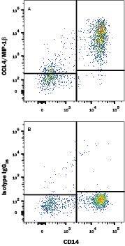 Human peripheral blood monocytes treated with LPS and Monensin for 5 hours were stained with Mouse Anti-Human CD14 APC-conjugated Monoclonal Antibody (Catalog # FAB3832A) and either (A) Mouse Anti-Human CCL4/MIP-1 beta  PE-conjugated Monoclonal Antibody (Catalog # IC271P) or (B) Mouse IgG2BPhycoerythrin Isotype Control (Catalog # IC0041P). To facilitate intracellular staining, cells were fixed with Flow Cytometry Fixation Buffer (Catalog # FC004) and permeabilized with Flow Cytometry Permeabilization/Wash Buffer I (Catalog # FC005). View our protocol for Staining Intracellular Molecules.