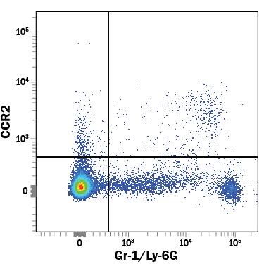 Mouse splenocytes were stained with Rat Anti-Mouse CCR2 Fluorescein-conjugated Monoclonal Antibody (Catalog # FAB5538F) and Rat Anti-Mouse Gr-1/Ly-6G PE-conjugated Monoclonal Antibody (Catalog # FAB1037P). View our protocol for Staining Membrane-associated Proteins.