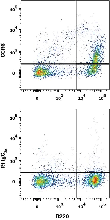 Mouse splenocytes were stained with (A) Rat Anti-Mouse CCR6 APC-conjugated Monoclonal Antibody (Catalog # FAB590A) or (B) Rat IgG2A control antibody (Catalog # IC006A).and Rat Anti-Mouse B220/CD45R Fluorescein-conjugated Monoclonal Antibody (Catalog # FAB1217F). View our protocol for Staining Membrane-associated Proteins.