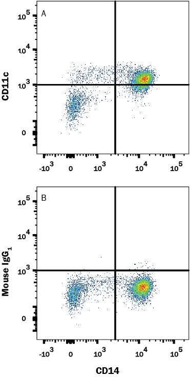 Human peripheral blood mononuclear cells (PBMCs) were stained with Mouse Anti-Human CD14 APC-conjugated Monoclonal Antibody (Catalog # FAB3832A) and either (A) Mouse Anti-Human CD11c Alexa Fluor® 405-conjugated Monoclonal Antibody (Catalog # FAB1777V) or (B) Mouse IgG1 Alexa Fluor 405 Isotype Control (Catalog # IC002V). View our protocol for Staining Membrane-associated Proteins.