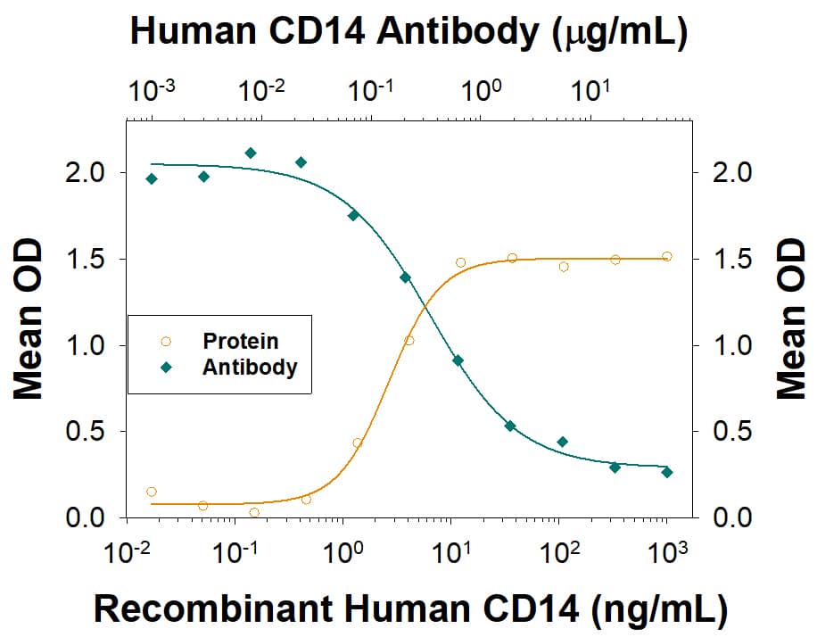 CD14 stimulates IL-8 secretion in the THP-1 human acute monocytic leukemia cell line in a dose-dependent manner (orange line) as measure by Human IL-8/CXCL8 Quantikine ELISA Kit (Catalog # D8000C). IL-8 secre­tion elicited by Recombinant Human CD14 (Catalog # 383-CD, 10 ng/mL) is neutralized (green line) by increasing concentrations of Rabbit Anti-Human CD14 Monoclonal Antibody (Catalog # MAB10461). The ND50 is typically 50-500 ng/mL in the presence of 15 ng/mL LPS and 0.5 ng/mL Recombinant Human LBP (Catalog # 870-LP).