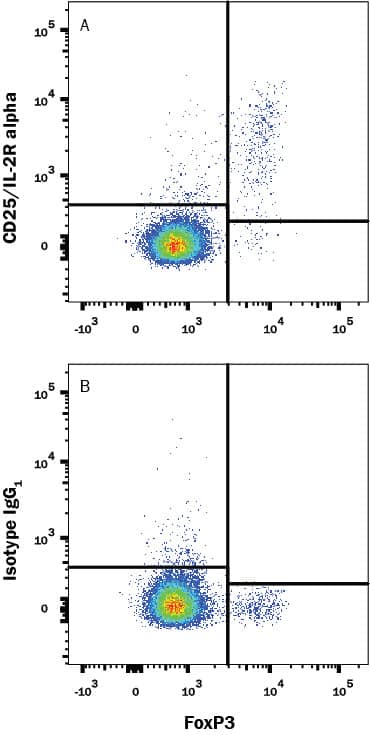 Mouse splenocytes were stained with Rabbit Anti-Human/Mouse FoxP3 PE-conjugated Monoclonal Antibody (Catalog # IC8214P) and either (A) Rat Anti-Mouse CD25/IL-2 R alpha APC-conjugated Monoclonal Antibody (Catalog # FAB9164A) or (B) Rat IgG1Allophycocyanin Isotype Control (Catalog # IC005A). View our protocol for Staining Membrane-associated Proteins.