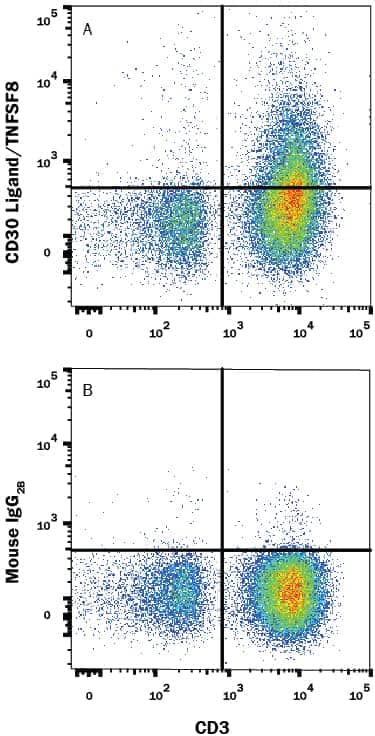 Human peripheral blood mononuclear cells (PBMCs) treated with 50 ng/mL PMA and 200 ng/mL Calcium Ionomycin overnight were stained with Mouse Anti-Human CD3e PE-conjugated Monoclonal Antibody (Catalog # FAB100P) and either (A) Mouse Anti-Human CD30 Ligand/TNFSF8 APC-conjugated Monoclonal Antibody (Catalog # FAB1028A) or (B) Mouse IgG2BAllophycocyanin Isotype Control (Catalog # IC0041A). View our protocol for Staining Membrane-associated Proteins.