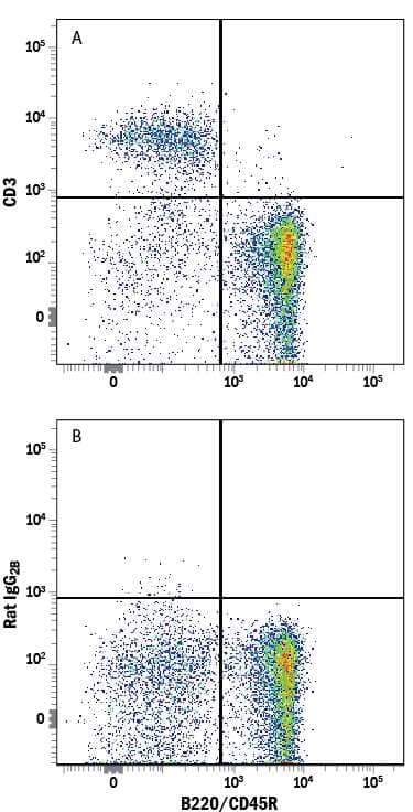 Mouse splenocytes were stained with Rat Anti-Mouse B220/CD45R PE-conjugated Monoclonal Antibody (Catalog # FAB1217P) and either (A) Rat Anti-Mouse CD3 Alexa Fluor® 647-conjugated Monoclonal Antibody (Catalog # FAB4841R) or (B) Rat IgG2BAlexa Fluor 647 Isotype Control (Catalog # IC013R). View our protocol for Staining Membrane-associated Proteins.