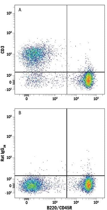 Mouse splenocytes were stained with Rat Anti-Mouse B220/CD45R PE-conjugated Monoclonal Antibody (Catalog # FAB1217P) and either (A) Rat Anti-Mouse CD3 Alexa Fluor® 750-conjugated Monoclonal Antibody (Catalog # FAB4841S) or (B) Rat IgG2BAlexa Fluor 750 Isotype Control (Catalog # IC013S). View our protocol for Staining Membrane-associated Proteins.