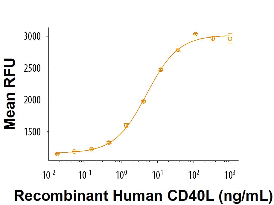 Recombinant Human CD40 Ligand/TNFSF5 (Histidine-tagged) (Catalog #2706-CL/CF) stimulates cell proliferation using enriched B cells in the presence ofIL-4. The ED50 for this effect is 2-12 ng/mL in the presence of 10 μg/mL of a cross-linking antibody, Mouse Anti-polyHistidine Monoclonal Antibody (Catalog # MAB050) and 20 ng/mL of Recombinant Human IL‑4 (Catalog #204-IL).