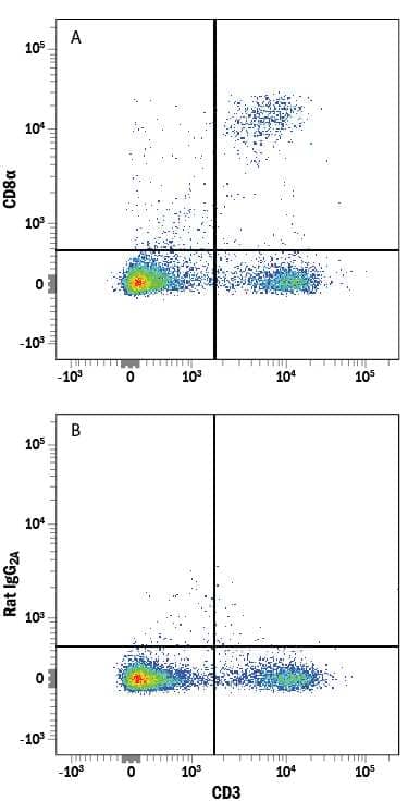 Mouse splenocytes were stained with Rat Anti-Mouse CD3 PE-conjugated Monoclonal Antibody (Catalog # FAB4841P) and either (A) Rat Anti-Mouse CD8a Alexa Fluor® 647-conjugated Monoclonal Antibody (Catalog # FAB116R) or (B) Rat IgG2AAlexa Fluor 647 Isotype Control (Catalog # IC006R). View our protocol for Staining Membrane-associated Proteins.
