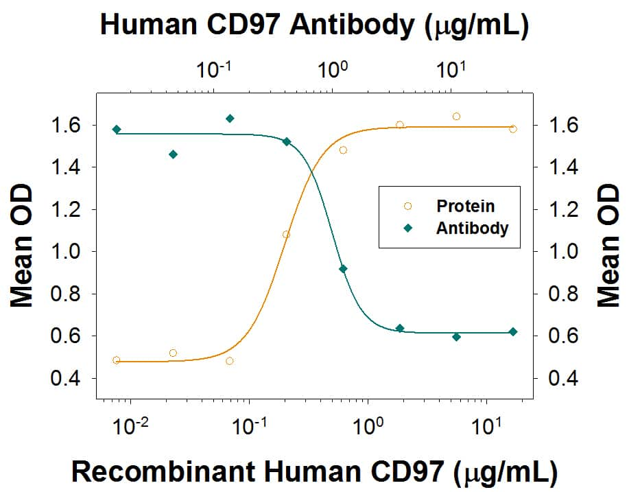 Recombinant Human CD97 (Catalog # 2529-CD), immobil­ized onto a microplate, supports the adhesion of human red blood cells in a dose-dependent manner (orange line). Adhesion elicited by Recombinant Human CD97 (4 µg/mL) is neutralized (green line) by increasing concentrations of Mouse Anti-Human CD97 Monoclonal Antibody (Catalog # MAB25291R). The ND50 is typically 0.25-1.25 µg/mL. 