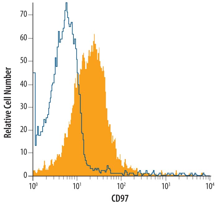 Human whole blood was stained with Mouse Anti-Human CD97 Monoclonal Antibody (Catalog # MAB2529, filled histogram) or isotype control antibody (Catalog # MAB0031, open histogram), followed by Phy­coerythrin-conjugated Anti-Mouse IgGF(ab')2 Secondary Antibody (Catalog # F0102B).