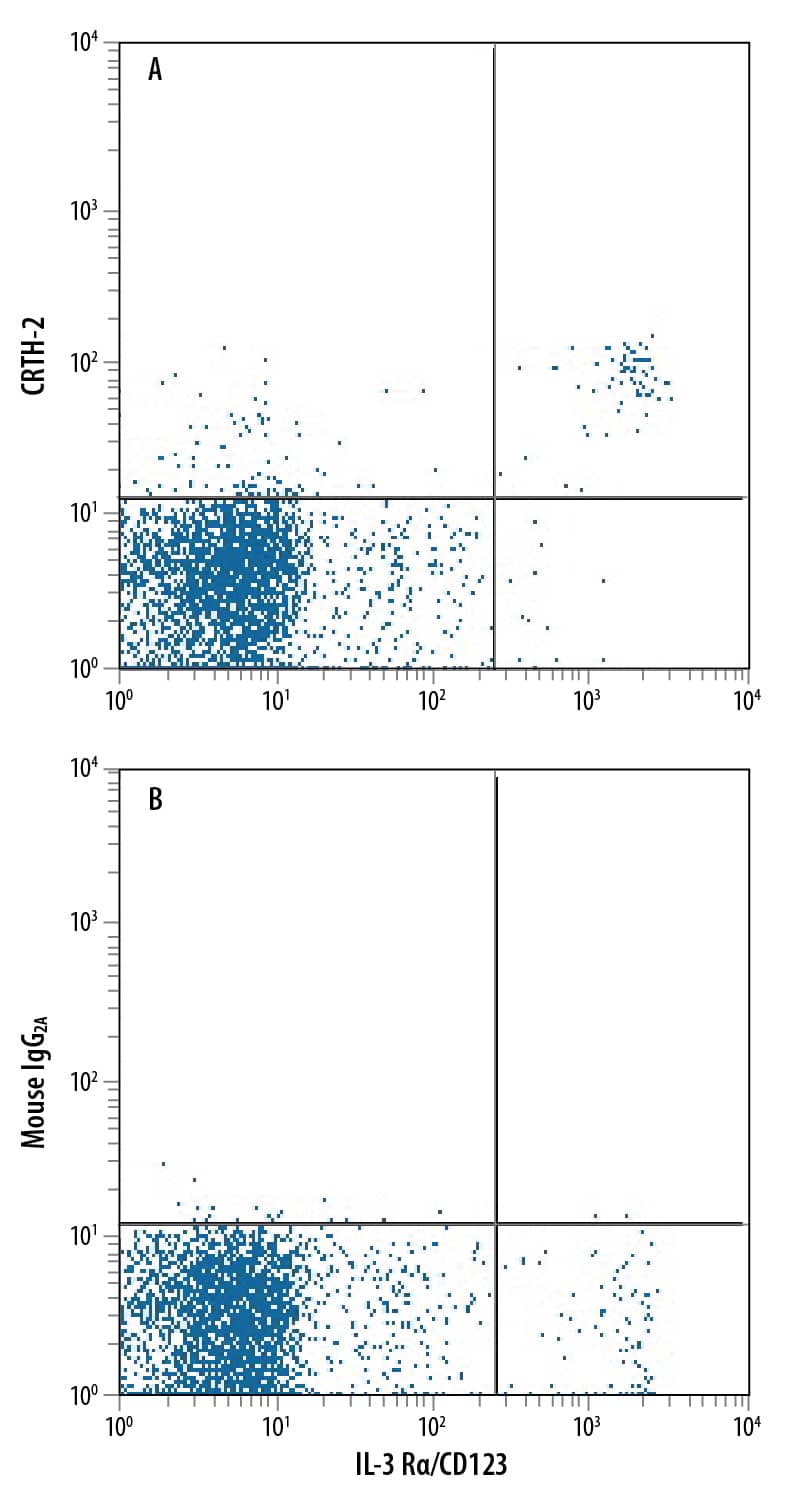 Human peripheral blood lymphocytes were stained with Mouse Anti-Human IL-3 Ra/CD123 PE-conjugated Monoclonal Antibody (Catalog # FAB301P) and either (A) Mouse Anti-Human CRTH-2 APC-conjugated Monoclonal Antibody (Catalog # FAB33381A) or (B) Mouse IgG2AAllophycocyanin Isotype Control (Catalog # IC003A). View our protocol for Staining Membrane-associated Proteins.