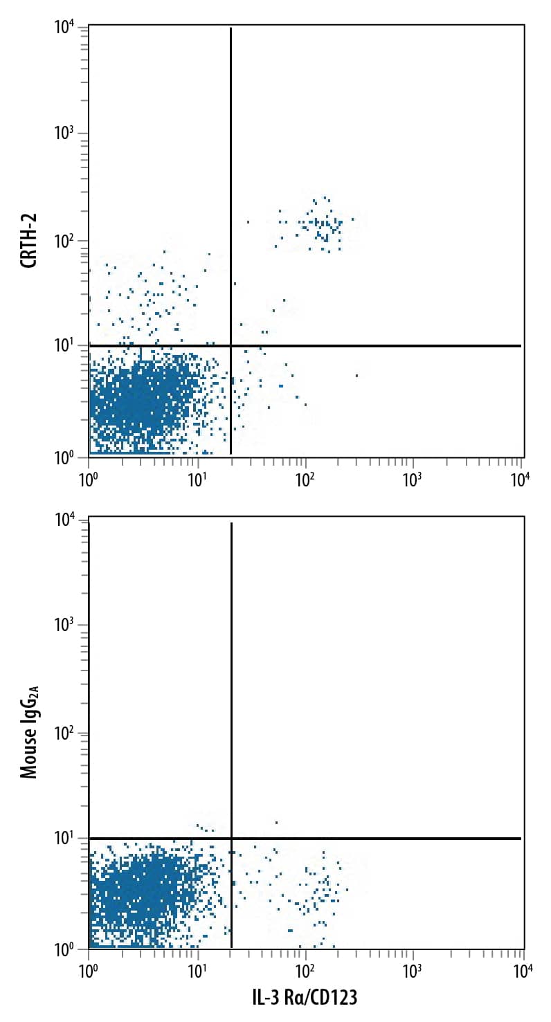 Human peripheral blood lymphocytes were stained with Mouse Anti-Human IL-3 Ra/CD123 PerCP-conjugated Monoclonal Antibody (Catalog # FAB301C) and either (A) Mouse Anti-Human CRTH-2 Alexa Fluor® 488-conjugated Monoclonal Antibody (Catalog # FAB33381G) or (B) Mouse IgG2AAlexa Fluor 488 Isotype Control (Catalog # IC003G). View our protocol for Staining Membrane-associated Proteins.