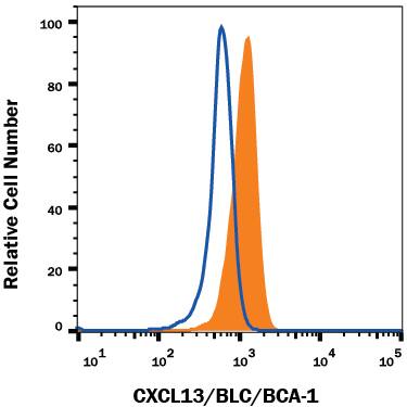Human immature dendritic cells (CD14+ PBMC cultured with 20 ng/mL rhIL-4 and 50 ng/mL rhGM-CSF for 7 days) were stained with Mouse Anti-Human CXCL13/BLC/BCA-1 APC-conjugated Monoclonal Antibody (Catalog # IC801A, filled histogram) or isotype control antibody (Catalog # IC002A, open histogram). To facilitate intracellular staining, cells were fixed with Flow Cytometry Fixation Buffer (Catalog # FC004) and permeabilized with Flow Cytometry Permeabilization/Wash Buffer I (Catalog # FC005). View our protocol for Staining Intracellular Molecules.