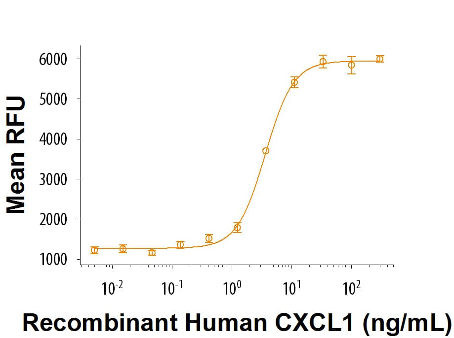 Recombinant Human CXCL1/GRO alpha (Catalog # 275-GR/CF) chemoattractsBaF3 mouse pro B cells  transfected withhuman CXCR2. The ED50 for this effect is 1‑4 ng/mL.