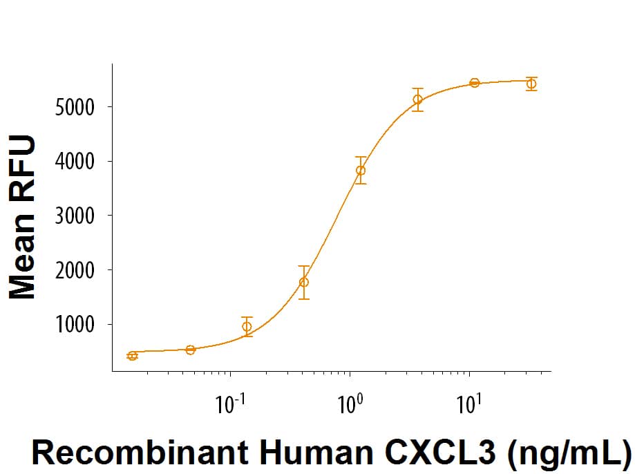 RecombinantHuman CXCL3/GRO gamma (Catalog # 8297-GG) chemoattracts BaF3 mouse pro B cellstransfected with human CXCR2. The ED50 for this effect is 0.4-2.4ng/mL.