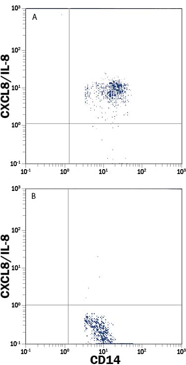 Human peripheral blood monocytes treated with LPS were stained with Mouse Anti-Human CXCL8/IL-8 Fluorescein-conjugated Monoclonal Antibody (Catalog # IC208F) and Mouse Anti-Human CD14 PE-conjugated Monoclonal Antibody (Catalog # FAB3832P), as shown in panel A. Inhibition of IC208F staining by the addition of excess Recombinant Human IL-8 (Catalog # 208-IL) is shown in panel B. Quadrant markers were set based on control antibody staining (Catalog # IC002F). To facilitate intracellular staining, cells were fixed with Flow Cytometry Fixation Buffer (Catalog # FC004) and permeabilized with Flow Cytometry Permeabilization/Wash Buffer I (Catalog # FC005). View our protocol for Staining Intracellular Molecules.