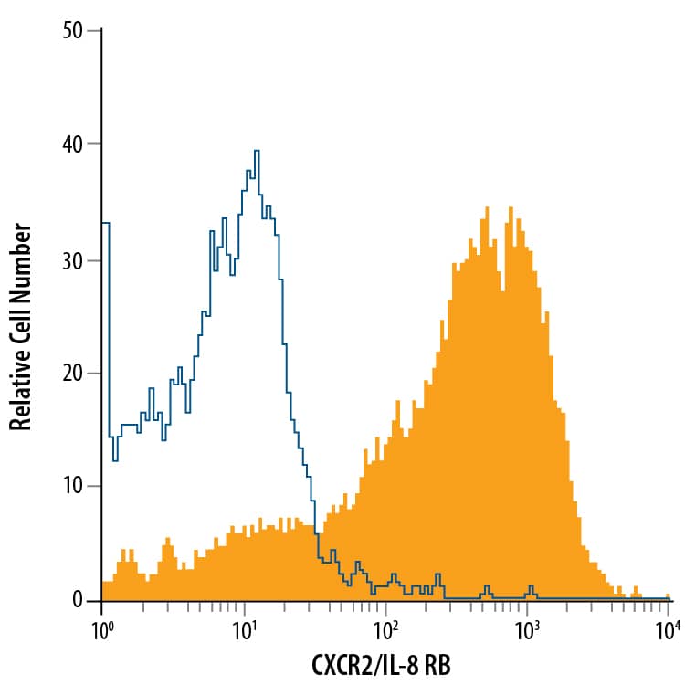 Rat peripheral blood granulocytes were stained with Mouse Anti-Rat CXCR2/IL-8 RB APC-conjugated Monoclonal Antibody (Catalog # FAB8110A, filled histogram) or isotype control antibody (Catalog # IC0041A, open histogram). View our protocol for Staining Membrane-associated Proteins.