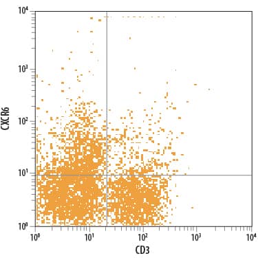 Mouse splenocytes treated with PMA and Calcium Ionomycin overnight were stained with Rat Anti-Mouse CXCR6 PE-conjugated Monoclonal Antibody (Catalog # FAB2145P) and Rat Anti-Mouse CD3 APC-conjugated Monoclonal Antibody (Catalog # FAB4841A). Quadrant markers were set based on control antibody staining (Catalog # IC013P). View our protocol for Staining Membrane-associated Proteins.