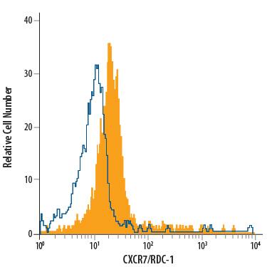 Human peripheral blood monocytes were stained with Mouse Anti-Human CXCR7/RDC-1 PerCP-conjugated Mono-clonal Antibody (Catalog # FAB42271C, filled histogram) or isotype control antibody (Catalog # IC003C, open histogram). View our protocol for Staining Membrane-associated Proteins.