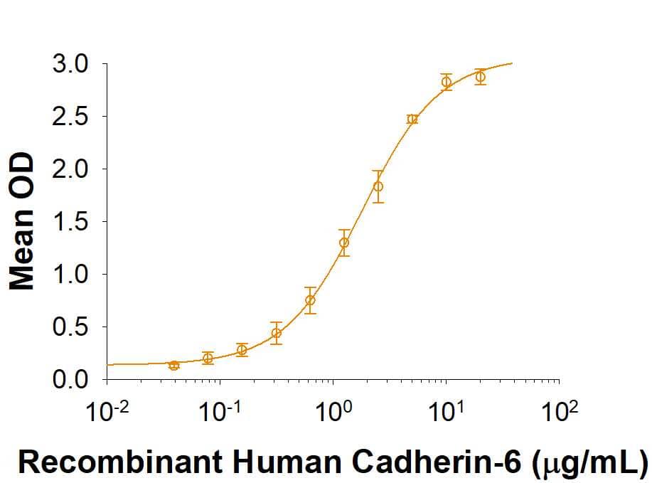 WhenRecombinant Human Cadherin 9 Fc Chimera is immobilized at 1 μg/mL, 100 μL/well,Recombinant  Human Cadherin‑6/KCAD Fc Chimera (Catalog # 2715-CA) binds with an ED50 of 0.6-3.6μg/mL.