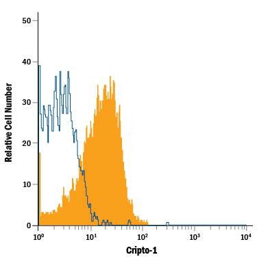 Human peripheral blood monocytes were stained with Mouse Anti-Human Cripto-1 APC-conjugated Monoclonal Antibody (Catalog # FAB2772A, filled histogram) or isotype control antibody (Catalog # IC002A, open histogram). View our protocol for Staining Membrane-associated Proteins.