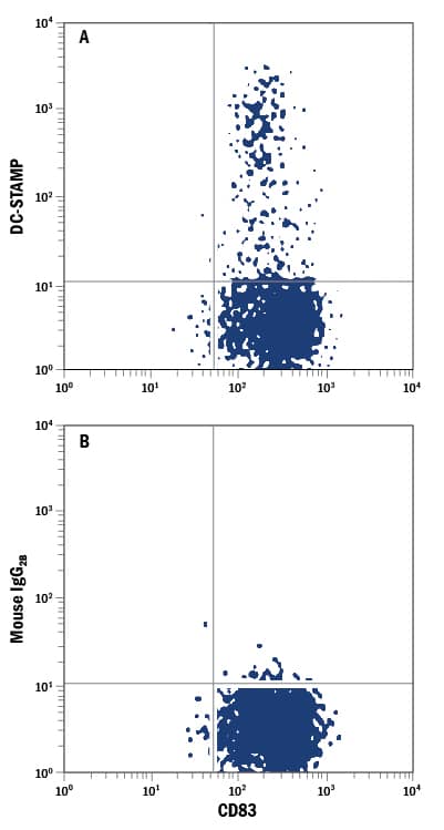 Mature human monocyte-derived dendritic cells treated with 20 ng/mL Recombinant Human IL-4 (Catalog # 204-IL) and 50 ng/mLRecombinant Human GM-CSF (Catalog # 215-GM) for 6 days then treated with 20 ng/mL LPS, 20 ng/mL Recombinant Human TNF-a (Catalog # 210-TA), and 20 ng/ml Recombinant Human IL-1 beta  (Catalog # 201-LB) for 24 hourswere stained with Mouse Anti-Human CD83 Fluorescein-conjugated Monoclonal Antibody (Catalog # FAB1774F) and either (A) Mouse Anti-Human DC-STAMP APC-conjugated Monoclonal Antibody (Catalog # FAB7824A) or (B) Mouse IgG2BAllophycocyanin Isotype Control (Catalog # IC0041A). View our protocol for Staining Membrane-associated Proteins.