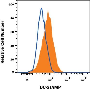 Mature human monocyte-derived dendritic cells treated with 20 ng/mL Recombinant Human IL-4 (Catalog # 204-IL) and 50 ng/mLRecombinant Human GM-CSF (Catalog # 215-GM) for 6 days then treated with 20 ng/mL LPS, 20 ng/mL Recombinant Human TNF-a (Catalog # 210-TA), and 20 ng/ml Recombinant Human IL-1 beta  (Catalog # 201-LB) for 24 hours were stained with Mouse Anti-Human DC-STAMP Alexa Fluor® 488-conjugated Monoclonal Antibody (Catalog # FAB7824G, filled histogram) or Mouse IgG2B Alexa Fluor® 488-conjugated Isotype Control (Catalog # IC0041G, open histogram). View our protocol for Staining Membrane-associated Proteins.