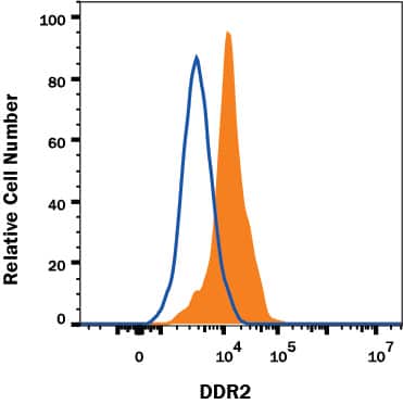 HEK293 human embryonic kidney cell line transfected with human DDR2 (filled histogram) or irrelevant transfectants (open histogram) were stained with Mouse Anti-Human DDR2 Alexa Fluor® 488-conjugated Monoclonal Antibody (Catalog # FAB25381G). View our protocol for Staining Membrane-associated Proteins.