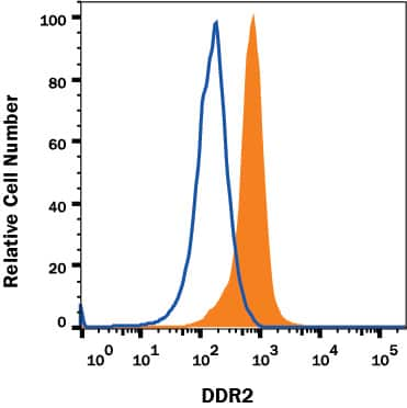 HEK293 human embryonic kidney cell line transfected with human DDR2 (filled histogram) or irrelevant transfectants (open histogram) were stained with Mouse Anti-Human DDR2 Alexa Fluor® 594‑conjugated Monoclonal Antibody (Catalog # FAB25381T). View our protocol for Staining Membrane-associated Proteins.