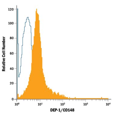 Human peripheral blood lymphocytes were stained with Mouse Anti-Human DEP-1/CD148 Fluorescein-conjugated Monoclonal Antibody (Catalog # FAB1934F, filled histogram) or isotype control antibody (Catalog # IC002F, open histogram). View our protocol for Staining Membrane-associated Proteins.