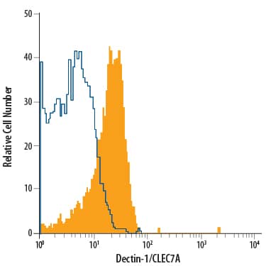 Human peripheral blood monocytes were stained with Mouse Anti-Human Dectin-1/CLEC7A Alexa Fluor® 700-conjugated Monoclonal Antibody (Catalog # FAB1859N, filled histogram) or isotype control antibody (Catalog # IC0041N, open histogram). View our protocol for Staining Membrane-associated Proteins.