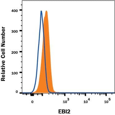 A549 human lung carcinoma cell line was stained with Mouse Anti-Human EBI2 Monoclonal Antibody (Catalog # MAB10272, filled histogram) or Mouse IgG2A Isotype Control Antibody (Catalog # MAB003, open histogram) followed by Allophycocyanin-conjugated Anti-Mouse IgG Secondary Antibody (Catalog # F0101B). View our protocol for Staining Membrane-associated Proteins.
