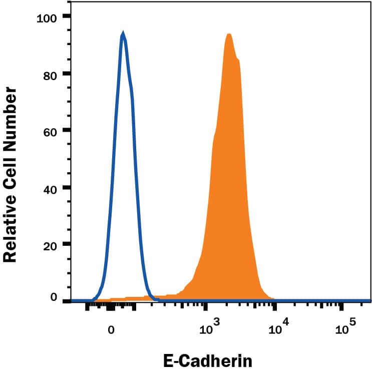 MCF-7 human breast cancer cell line was stained with Goat Anti-Human E-Cadherin Alexa Fluor® 647-conjugated Antigen Affinity-purified Polyclonal Antibody (Catalog # FAB748R, filled histogram) or isotype control antibody (Catalog # IC108R, open histogram). View our protocol for Staining Membrane-associated Proteins.