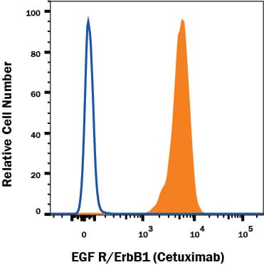 A431 human epithelial carcinoma cell line was stained with Human Anti-Human EGFR (Research Grade Cetuximab Biosimilar) Alexa Fluor® 700‑conjugated Monoclonal Antibody (Catalog # FAB9577N, filled histogram) or unstained cells (open histogram). View our protocol for Staining Membrane-associated Proteins.