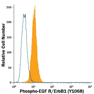 A431 human epithelial carcinoma cell line treated with recombinant human EGF (Catalog # 236-EG) was stained with Mouse Anti-Human Phospho-EGF R/ErbB1 (Y1068) Fluorescein-conjugated Monoclonal Antibody (Catalog # IC3570F, filled histogram) or isotype control antibody (Catalog # IC003F, open histogram). To facilitate intracellular staining, cells were fixed with Flow Cytometry Fixation Buffer (Catalog # FC004) and permeabilized with Flow Cytometry Permeabilization/Wash Buffer I (Catalog # FC005). View our protocol for Staining Intracellular Molecules.