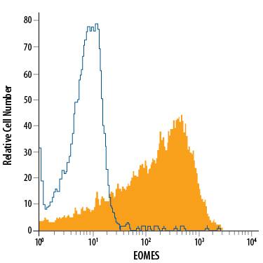 Mesendoderm-differentiated BG01V human embryonic stem cells were stained with Mouse Anti-Human EOMES APC-conjugated Monoclonal Antibody (Catalog # IC6166A, filled histogram) or isotype control antibody (Catalog # IC0041A, open histogram). To facilitate intracellular staining, cells were fixed with Flow Cytometry Fixation Buffer (Catalog # FC004) and permeabilized with Flow Cytometry Permeabilization/Wash Buffer I (Catalog # FC005). View our protocol for Staining Intracellular Molecules.