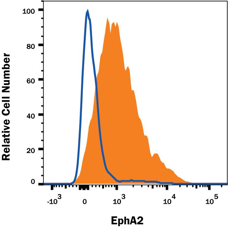 A431 human epithelial carcinoma cell line was stained with Mouse Anti-Human EphA2 APC-conjugated Monoclonal Antibody (Catalog # FAB3035A, filled histogram) or isotype control antibody (Catalog # IC003A, open histogram). View our protocol for Staining Membrane-associated Proteins.