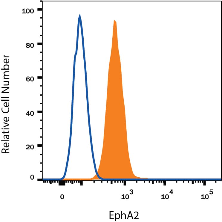 MS-1 mouse pancreatic islet endothelial cell line was stained with Rat Anti-Mouse EphA2 APC-conjugated Monoclonal Antibody (Catalog # FAB639A, filled histogram) or isotype control antibody (Catalog # IC013A, open histogram). View our protocol for Staining Membrane-associated Proteins.