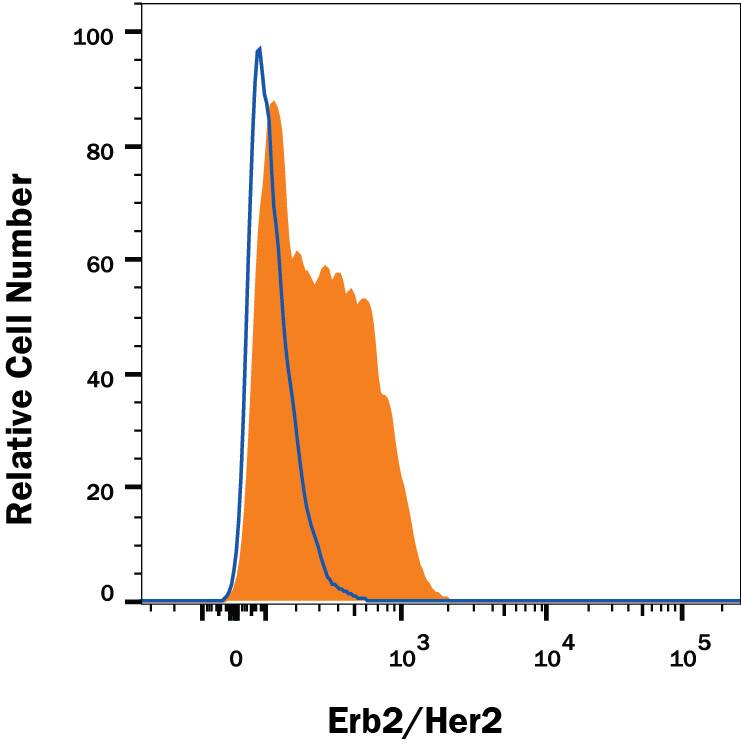3T3-L1 mouse embryonic fibroblast adipose-like cell line was stained with Rat Anti-Mouse ErbB2/Her2 Alexa Fluor® 594-conjugated Monoclonal Antibody (Catalog # FAB6744T, filled histogram) or isotype control antibody (Catalog # IC005T, open histogram). View our protocol for Staining Membrane-associated Proteins.
