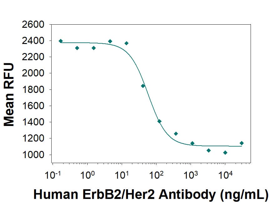 Mouse Anti-Human ErbB2/Her2 (Based on Research Grade Trastuzumab Biosimilar) Monoclonal Antibody (Catalog # MAB9896) inhibits proliferation in the SK-BR-3 human breast cancer cell line as measured by Resazurin (Catalog # AR002). The ED50 for this effect is typically 20-100 ng/mL.