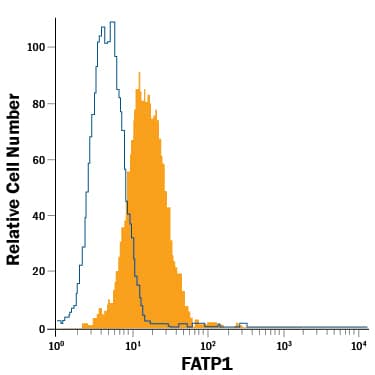 HT-29 human colon adenocarcinoma cell line was stained with Mouse Anti-Human FATP1 PE-conjugated Monoclonal Antibody (Catalog # IC3304P, filled histogram) or isotype control antibody (Catalog # IC0041P, open histogram). View our protocol for Staining Intracellular Molecules.