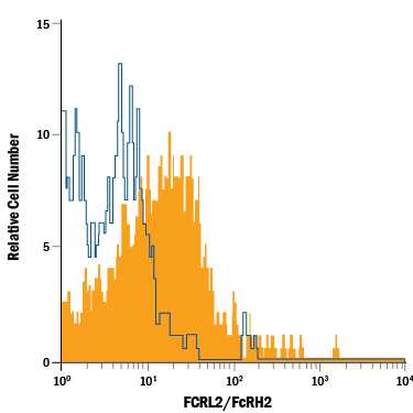 CD19+human lymphocytes were stained with Mouse Anti-Human FCRL2/FcRH2, FCRL5/FcRH5 APC-conjugated Monoclonal Antibody (Catalog # FAB2048A, filled histogram) or isotype control antibody (Catalog # IC002A, open histogram). View our protocol for Staining Membrane-associated Proteins.