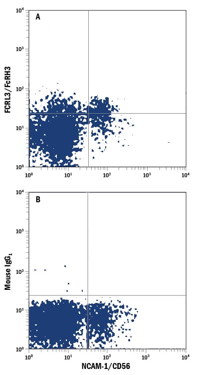 Human peripheral blood lymphocytes were stained with Mouse Anti-Human NCAM-1/CD56 APC-conjugated Monoclonal Antibody (Catalog # FAB2408A) and either (A) Mouse Anti-Human FCRL3/FcRH3 Alexa Fluor® 488-conjugated Monoclonal Antibody (Catalog # FAB3126G) or (B) Mouse IgG1Alexa Fluor 488 Isotype Control (Catalog # IC002G). View our protocol for Staining Membrane-associated Proteins.