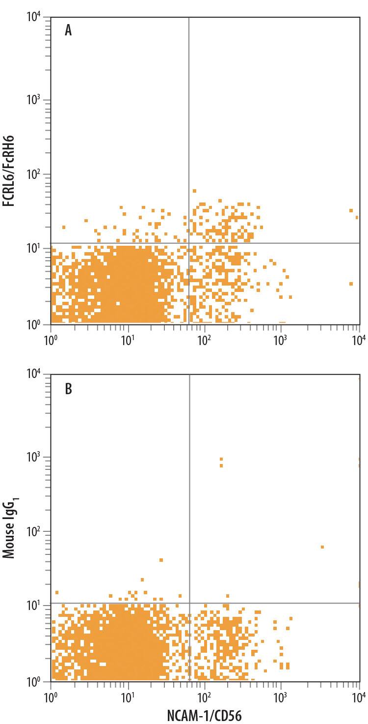 Human peripheral blood lymphocytes were stained with Mouse Anti-Human NCAM-1/CD56 PE-conjugated Monoclonal Antibody (Catalog # FAB2408P) and either (A) Mouse Anti-Human FCRL6/FcRH6 APC-conjugated Monoclonal Antibody (Catalog # FAB6745A) or (B) Mouse IgG1Allophycocyanin Isotype Control (Catalog # IC002A). View our protocol for Staining Membrane-associated Proteins.