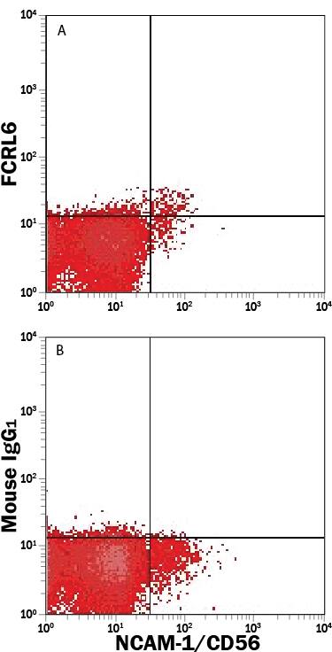 Human peripheral blood lymphocytes were stained with Mouse Anti-Human NCAM-1/CD56 APC-conjugated Monoclonal Antibody (Catalog # FAB2408A) and either (A) Mouse Anti-Human FCRL6/FcRH6 Alexa Fluor® 488-conjugated Monoclonal Antibody (Catalog # FAB6745G) or (B) Mouse IgG1Alexa Fluor 488 Isotype Control (Catalog # IC002G). View our protocol for Staining Membrane-associated Proteins.