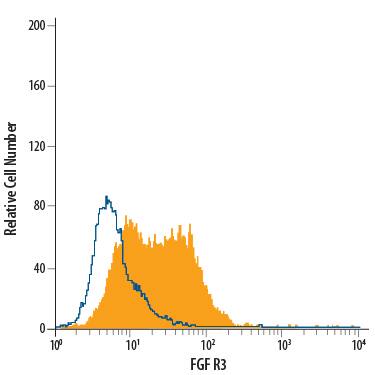 K562 human chronic myelogenous leukemia cell line was stained with Mouse Anti-Human FGF R3 Fluorescein-conjugated Monoclonal Antibody (Catalog # FAB766F, filled histogram) or isotype control antibody (Catalog # IC002F, open histogram). View our protocol for Staining Membrane-associated Proteins. 