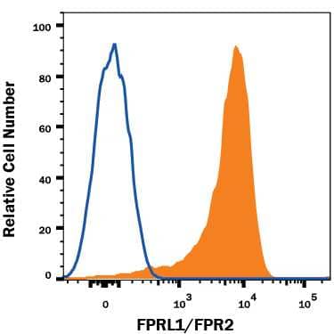 Human peripheral blood monocytes were stained with Mouse Anti-Human FPRL1/FPR2 PE-conjugated Monoclonal Antibody (Catalog # FAB3479P, filled histogram) or isotype control antibody (Catalog # IC0041P, open histogram). View our protocol for Staining Membrane-associated Proteins.