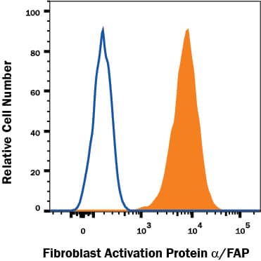 WI-38 human lung fibroblast cell line was stained with Mouse Anti-Human Fibroblast Activation Protein alpha /FAP Alexa Fluor® 647-conjugated Monoclonal Antibody (Catalog # FAB3715R, filled histogram) or isotype control antibody IC002R, open histogram). View our protocol for Staining Membrane-associated Proteins.